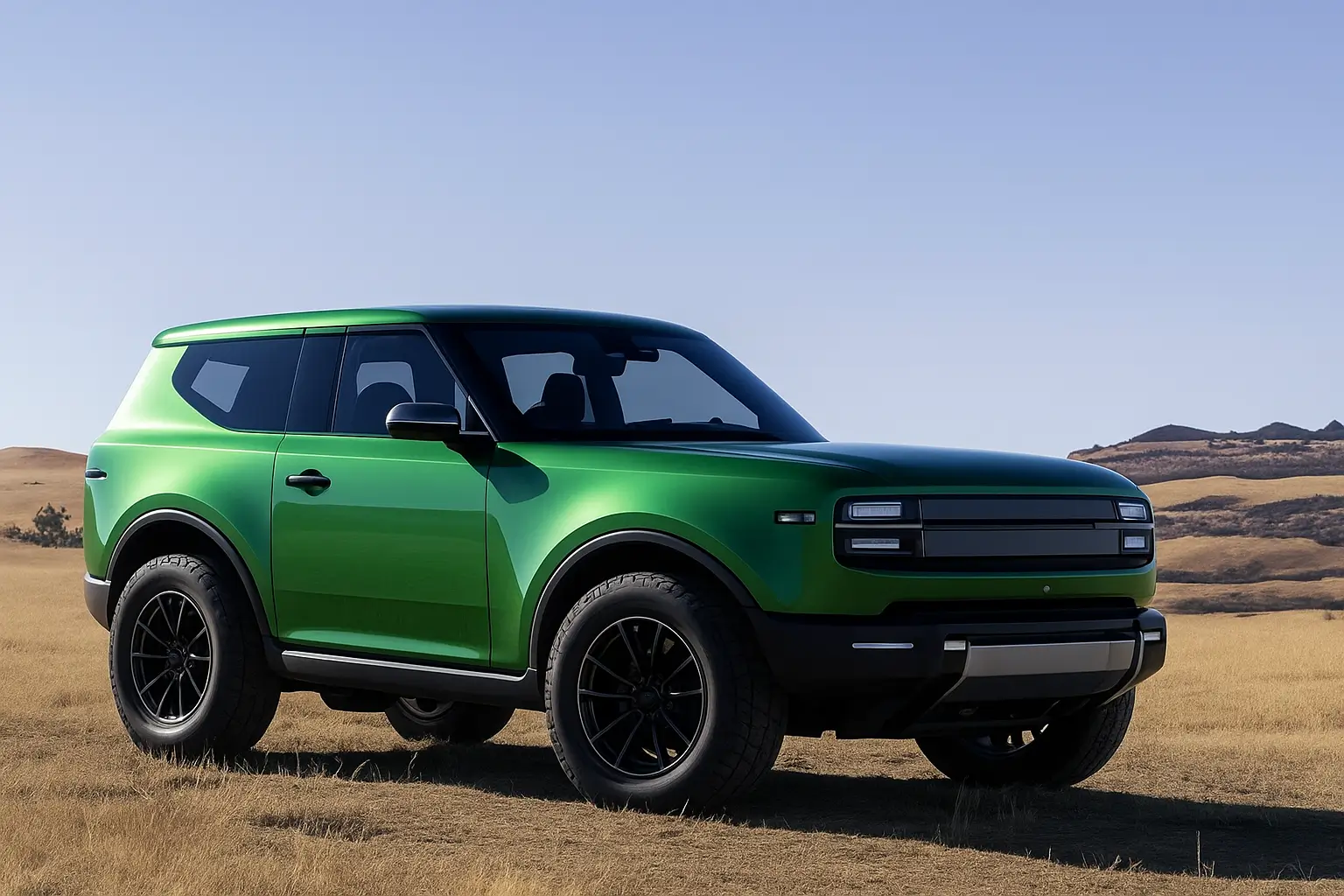 Retro Green SUV in Serene Landscape.png