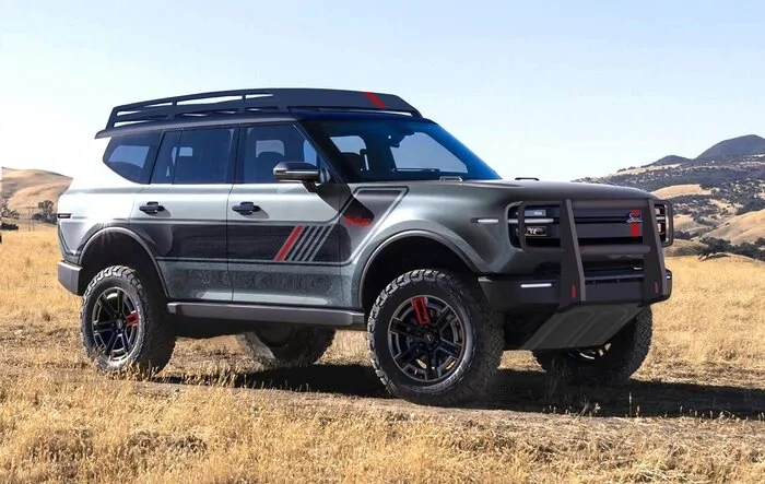 Scout Traveler w/ lift kit, roof rack, grille guard / brush guard with tow points, skid plates, rallye stripe