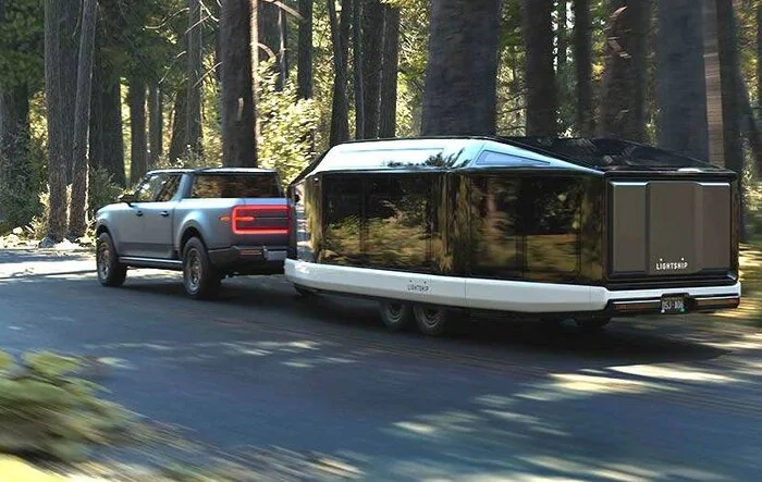 Scout Terra spotted as tow vehicle for EV travel trailer Lightship